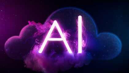 Futuristic AI Illustration with Neon Glow and Purple Data Cloud. AI letters on it.