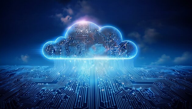 Illustration d'un Cloud computing futuriste et flux de donn&eacute;es num&eacute;riques interconnect&eacute;s.	
