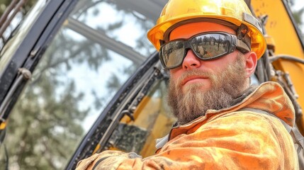 This powerful image showcases a focused worker wearing protective gear, exemplifying safety and dedication in a construction environment, highlighting human effort and industry.