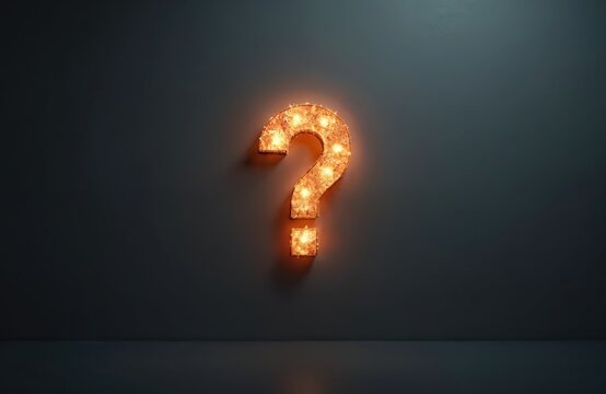 Empty room with burning question mark sign on grey wall. Dark interior setting. Burning question mark sign glows brightly in dark hall. Problem solving concept. Interior shot evokes sense of