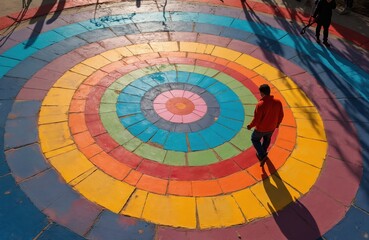 Fototapeta premium Colorful circular pathway leads person in loop. Rainbow colors in concentric circles create artistic walking path. Person strolls through vibrant design with continuous pattern. Circular walkway