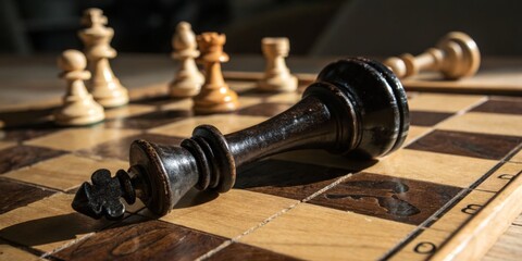 Chess pieces on a wooden board with a fallen king in a tense match at a cozy indoor location during evening hours