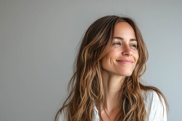 Fototapeta premium Smiling woman with long hair looking sideways, empty space for text on the right
