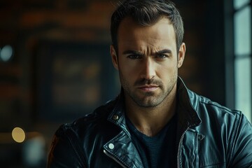 Obraz premium Stylish man in a leather jacket looking confidently at the camera.