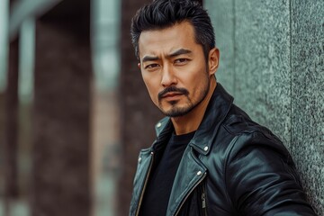 Fototapeta premium Stylish man in a leather jacket looking confidently at the camera.