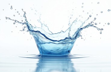 Clear blue water splash isolated on white background. Dynamic water shape with ripples and droplets. Perfect for water theme design. 3D render illustration.