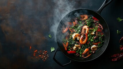 Sizzling seafood skillet with shrimp, beans, and vegetables