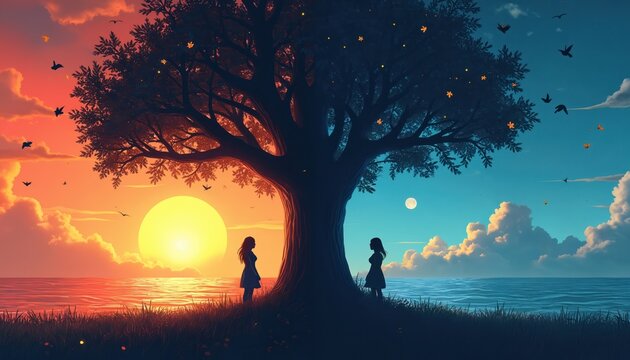 Two girls stand facing each other under a large tree. One side shows sunset over a tranquil sea while the other side displays a serene night sky with a full moon. Concept art with contrasting moods.