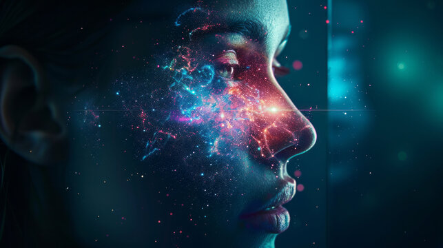 Digital Identity: A captivating portrait of a young person, their face partially obscured by a vibrant abstract swirl of digital particles.