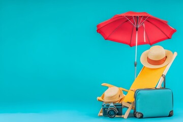 Fototapeta premium beach chair and sun umbrella , travel luggage with hat and camera summer travel theme , wanderlust, traveling , traveler , holiday