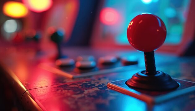 Close-up view of arcade game machine. Joystick, buttons in focus. Blurred background with colorful lights. Retro gaming concept. Interactive gaming action. Vivid colors highlight retro tech. Gaming