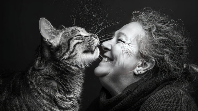 A Moment of Pure Joy: Black and white portrait of a woman and her tabby cat sharing a tender moment, noses touching, eyes closed in mutual affection.  A heartwarming image of companionship and love. 