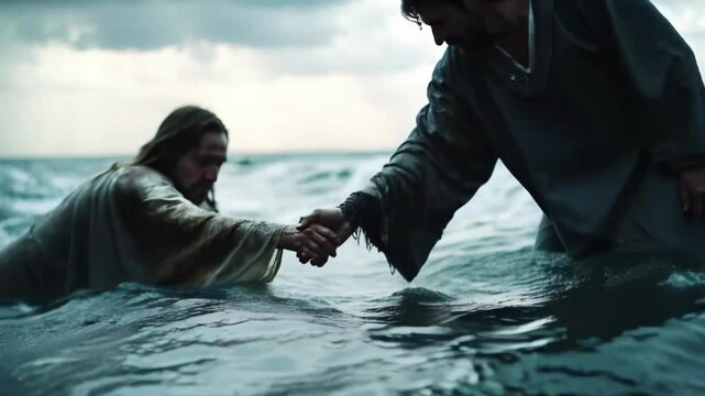 Jesus Christ Walking on Water Lends Hand to Peter who Sinks in Waves, Biblical New Testament Christianity Scene