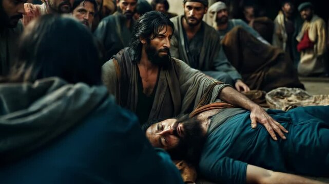 Jesus Heals the Paralytic: Jesus Christ Forgives and Heals a Paralyzed Man, Biblical New Testament Depiction Scene