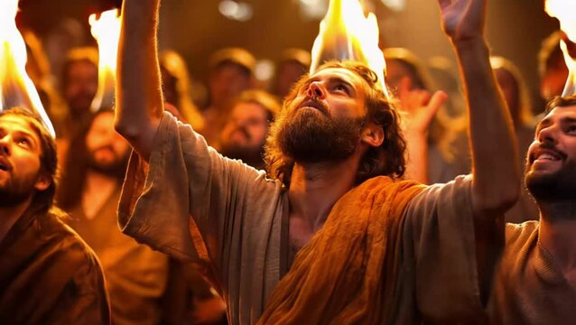The Day of Pentecost: The Holy Spirit Descends Upon Jesus's Disciples with Tongues of Fire, Biblical New Testament Depiction