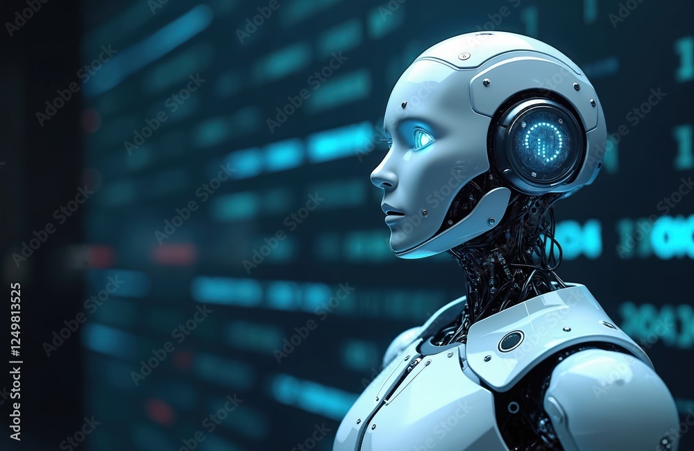 Poster Advanced ai robot examines digital data. Futuristic tech assistant in digital world. Modern robot attends virtual communication in cyberspace. AI assistant process data in smart environment.