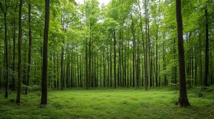 Obraz premium Lush green forest clearing, sunlight dappled, nature background, ideal for serenity