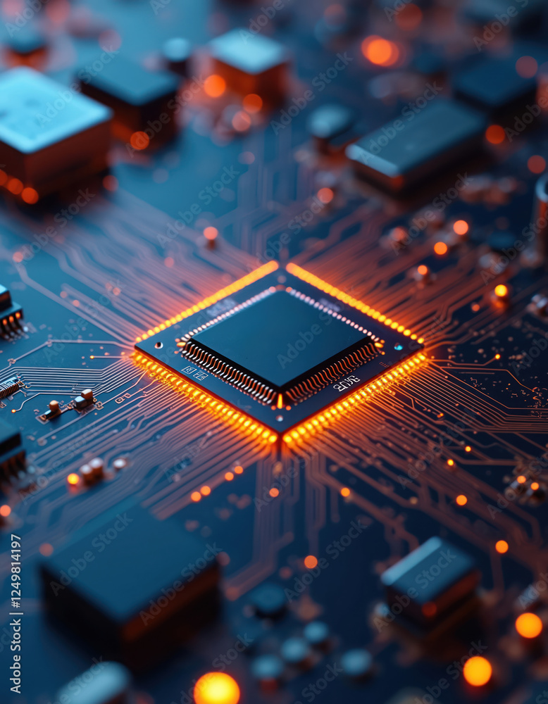 Poster close-up view modern microchip on circuit board. intricate patterns orange lights highlight tech inn