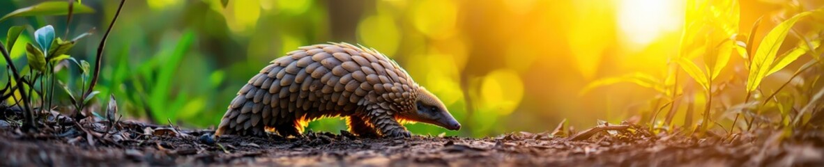 Obraz premium Pangolin walking cautiously across a jungle trail with dappled sunlight