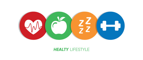Set of healthy lifestyles symbol. Healthy heart, food, sleep, fitness. Simple vector illustration