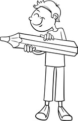 happy cartoon boy character with big pencil coloring page