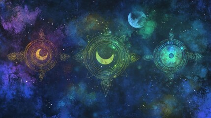 Fototapeta premium Celestial Alignment: Moon Phases and Cosmic Eye in a Starry Universe