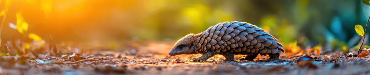 Pangolin walking cautiously across a jungle trail with dappled sunlight