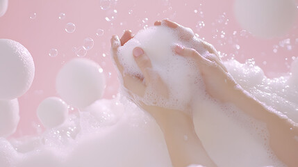 Fototapeta premium A hand is in a bathtub filled with bubbles