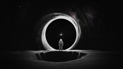 Astronaut at the Edge of Space: A lone astronaut stands at the precipice of the unknown, silhouetted against a swirling black hole, stars shimmering in the distance.