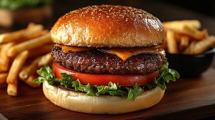 Juicy hamburger beef patty lettuce tomato and cheese served with crispy fries on the side Classic American fast food