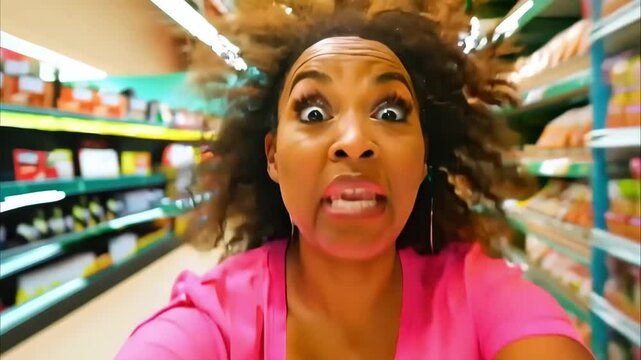 A person with curly hair is running through a grocery store aisle, appearing excited or panicked, with colorful products on the shelves.