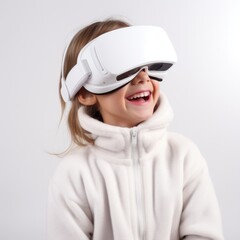 Kid wear visual goggle enjoying virtual reality in white background