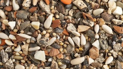 A collection of mixed seeds, including sunflower, corn, and millet, symbolizes nourishment and care for wild birds. The modern, bright tone with a blurred background creates a serene and peaceful vibe