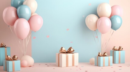 Pastel balloons and gifts on pink background.