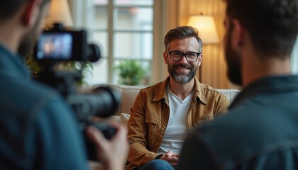 Pro interview filming in progress. Cameramen film interview with celebrity. Interviewer, celebrity sit in home studio. They discuss current events. Live video production happening now in home setting.