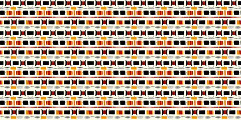 Abstract African art shapes seamless backgrounds, tribal geometric decoration patterns. Colored flat boho symbols illustrations	