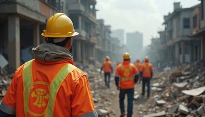 Disaster response team walks through devastated area. Workers wear bright orange safety gear, helmets. Navigate debris, ruined buildings. Mission recovery, aid. Urgent assistance given to victims.