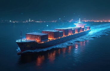 Obraz premium Futuristic container ship sails ocean night. Large cargo ship glows with tech lights. International trade transport. Global business shipment. Digital vessel on dark water. City lights background.