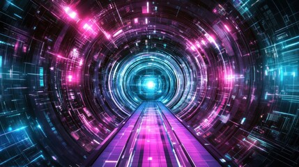 Fototapeta premium Neon Cyberpunk Tunnel: Futuristic Digital Space with Glowing Lights