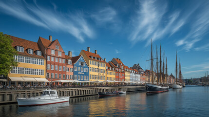 Naklejka premium Scenic view of colorful waterfront buildings and boats along canal in Copenhagen on a sunny day. Tour tourism exploring