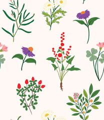 Whimsical Floral Pattern with Botanical Illustrations