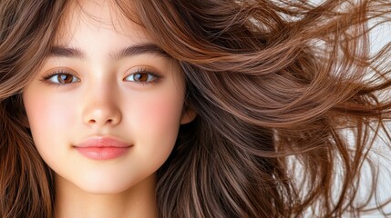 Naklejka premium Portrait of a Young Woman with Flowing Hair and Natural Makeup, Exuding Serenity and Confidence