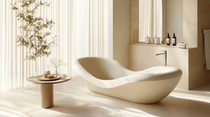 Modern minimalist bathroom with freestanding bathtub, natural light, and plants.