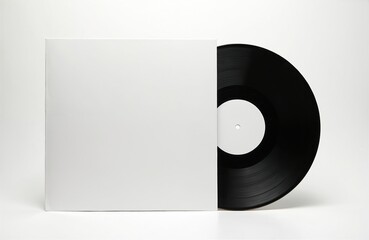 Blank white vinyl record album cover with black vinyl record on white background. Retro design and music concept. Template for advertising or branding. Mockup image ready for presentation.