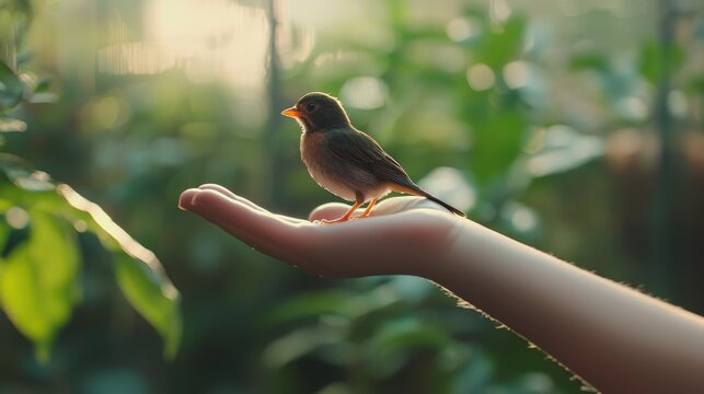 Rescued bird perched on a volunteer hand in a bright aviary