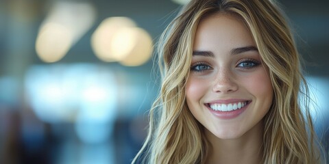 Obraz premium A cheerful young woman with wavy blonde hair and striking blue eyes smiles at the camera. She is in a bright, contemporary space with soft lighting, conveying a sense of warmth and joy