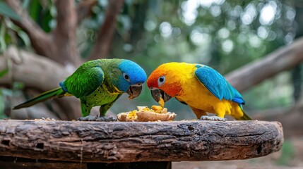 Obraz premium Rescued parrot enjoying a snack in the shelter aviary