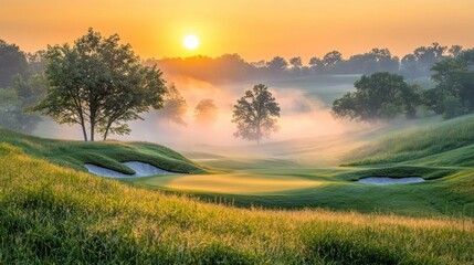 Obraz premium Misty Sunrise Golf Course Landscape