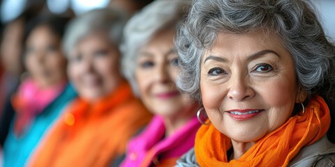 Fototapeta premium A group of older women smiles warmly while wearing vibrant scarves, sharing laughter and stories in a community setting. The camaraderie highlights their joy and connection