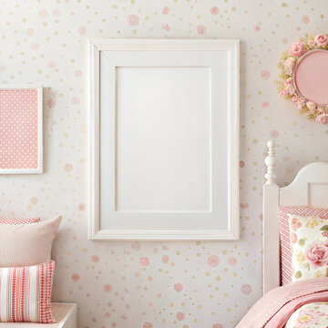 Wall art frame mockup in pastel pink girl&rsquo;s bedroom